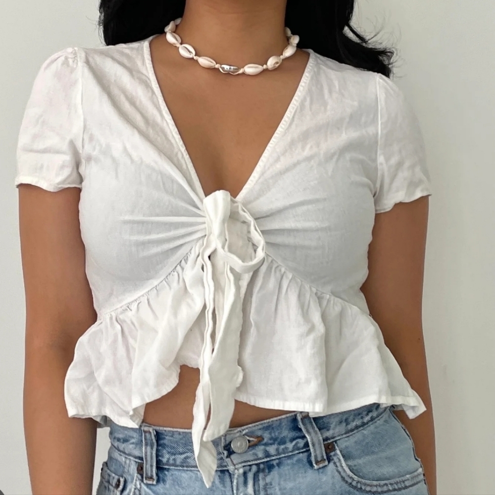 Brandy Melville White Tie Front Blouse